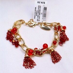 NWT STYLE & CO RED BEADS AND TASSEL GOLD TONE BRACELET